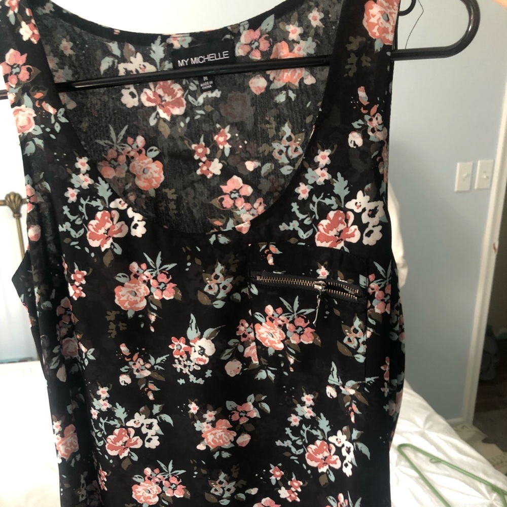 Black Floral Print Sleeveless Blouse